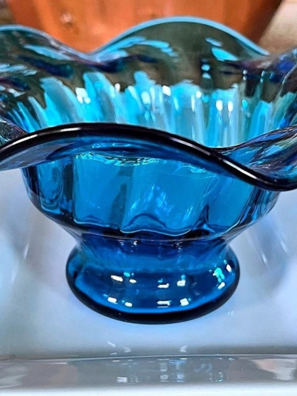Glass Art Blue Ruffled Glass Pedestal Bowl